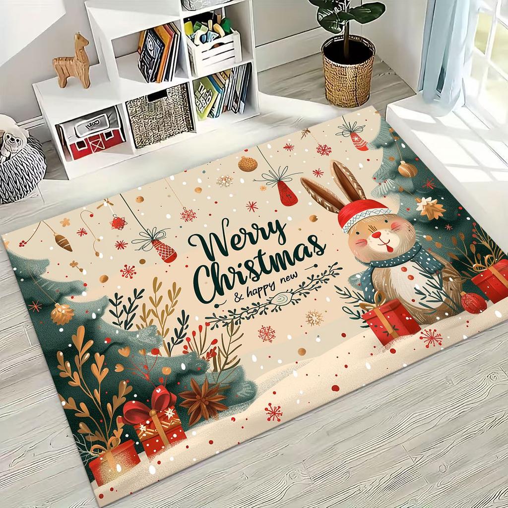 Frohes Neues Jahr Frohe Weihnachten Weihnachtsbaum Weihnachtsmann Cartoon Geschenk Teppich Teppich für Schlafzimmer Wohnzimmer Sofa Haus Fußmatte Dekoration,Rutschfest