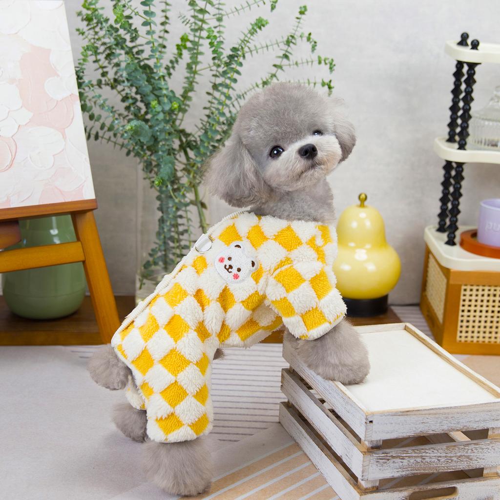 Checkerboard Dog And Cat Fall And Winter Four-Legged Coat Small Dog Warm Coat Lambswool College Style Pet Cold Weather Clothing