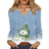 Women's Fashionable Casual V-neck Blouse Button Christmas Printed Long-sleeved Pullover T-shirt Top