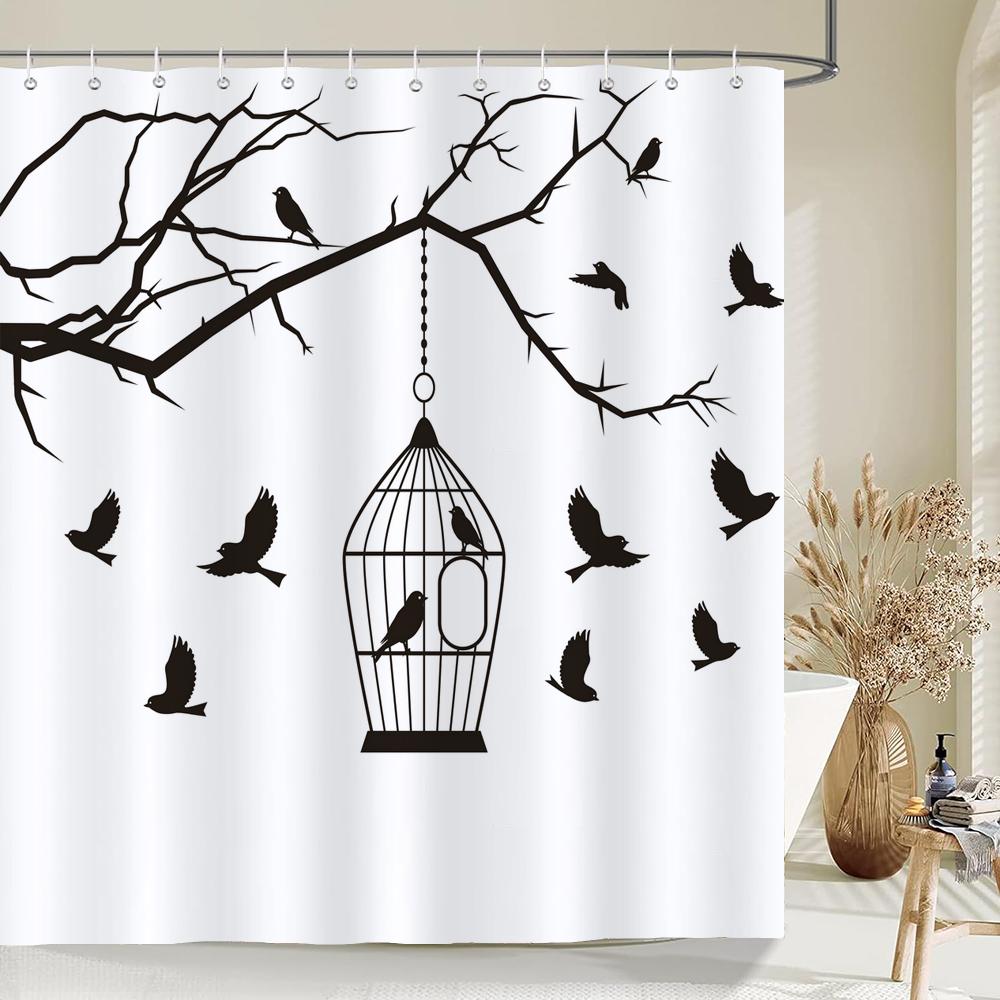 Nordic minimalist art printing Shower Curtain, Waterproof Fabric Flower and leaf Bird pattern Bathroom Curtain for Bathtub Decor