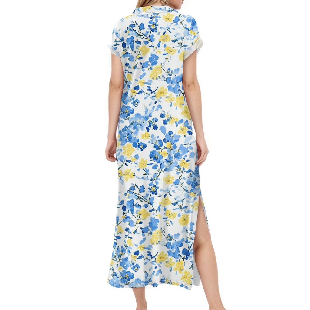 Women's Floral Maxi Dress Casual V Neck Long Shirt Dress Loose Slit Holiday Short Sleeve Dress