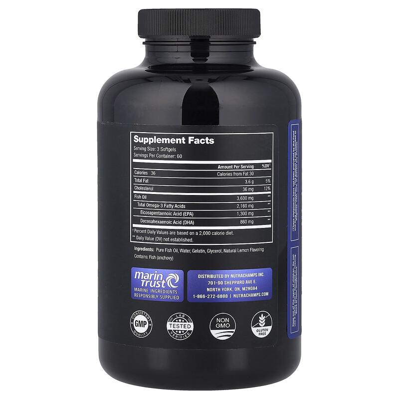 Omega 3 Fish Oil, Natural Lemon, 180 Softgels (1,200 Mg Per Softgel)