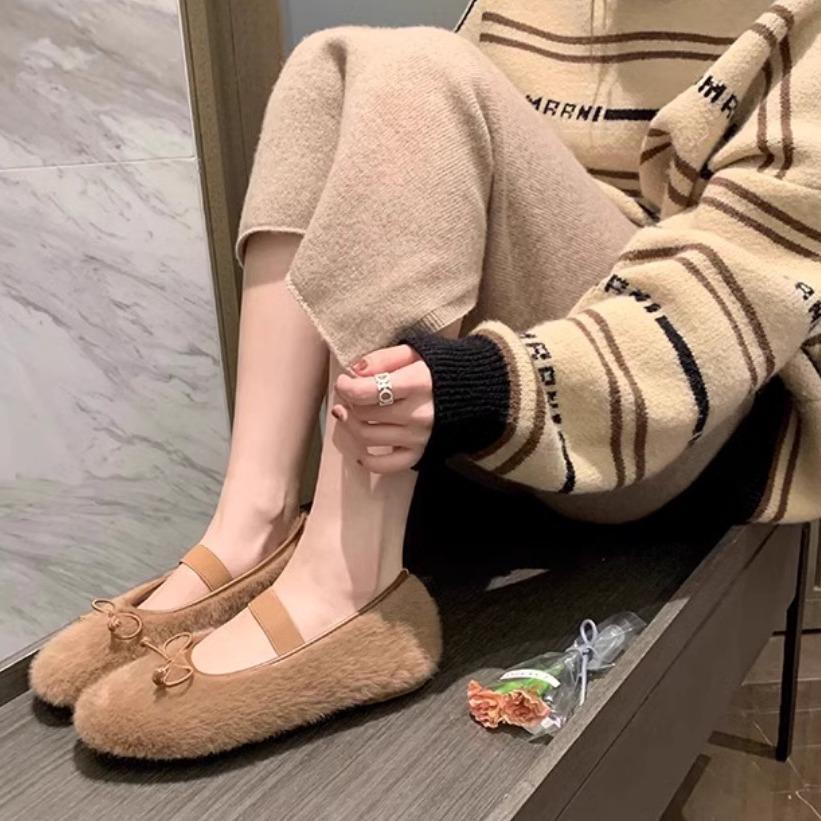 Sweet inner height-increasing fluffy shoes for women's winter new French style with evening wind and velvet to keep warm temperament Mary Jane shoes