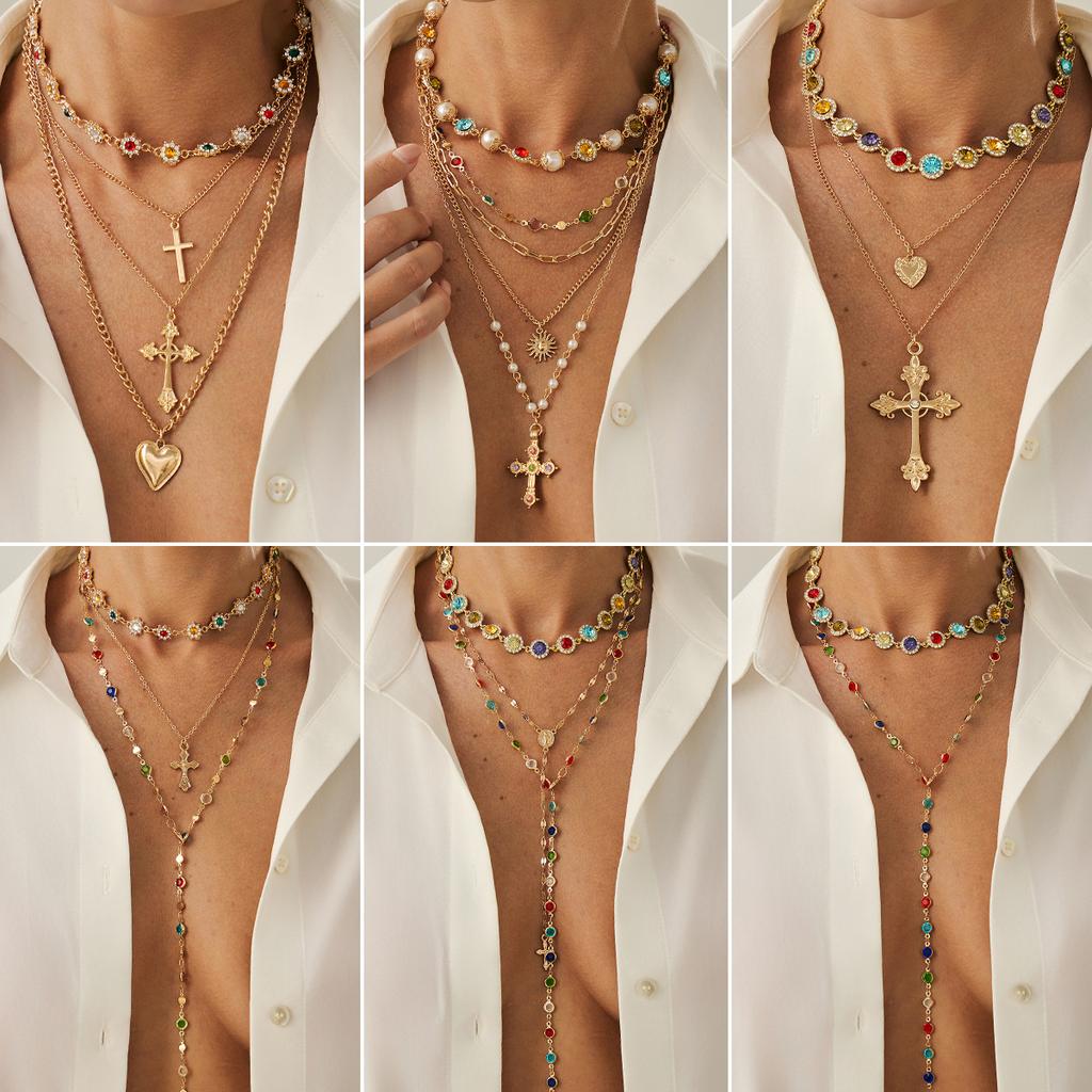 Hip-Hop Diamond-Encrusted Cross Pendant Necklace, Fashionable Imitation Pearl Flower Chain Stacked Necklace