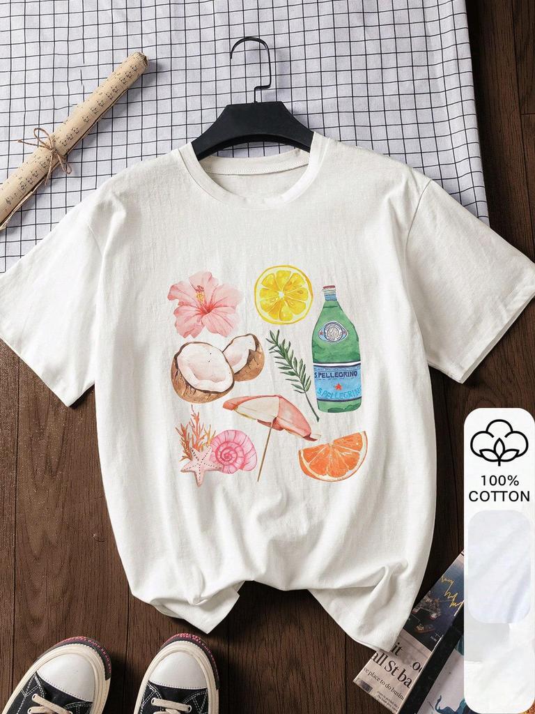 European Spring/Summer Floral Fruit Print Cotton Loose Fit Short Sleeve T-shirt