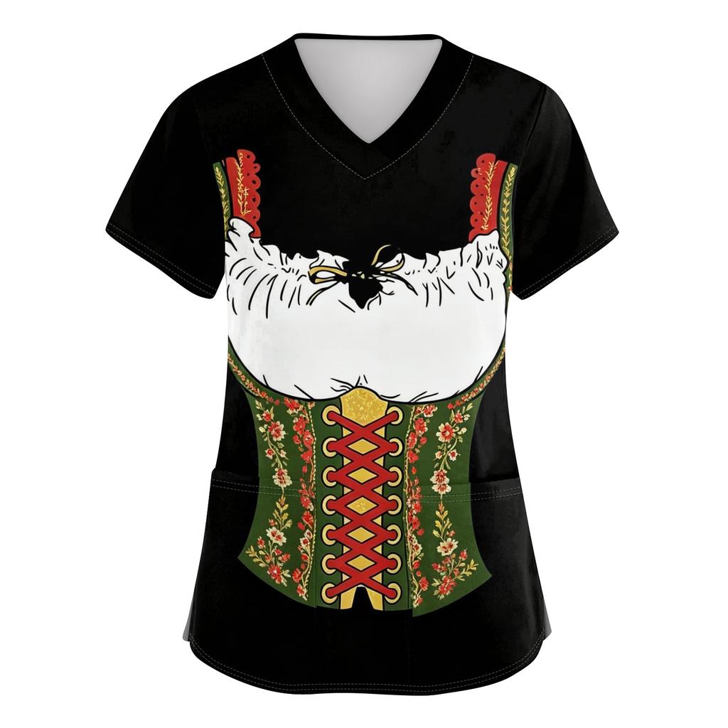 Women's V Neck Short Sleeve Work Shirt with Pockets Oktoberfest Print Medical Scrub Top Nursing Uniform Tee for Healthcare Professionals