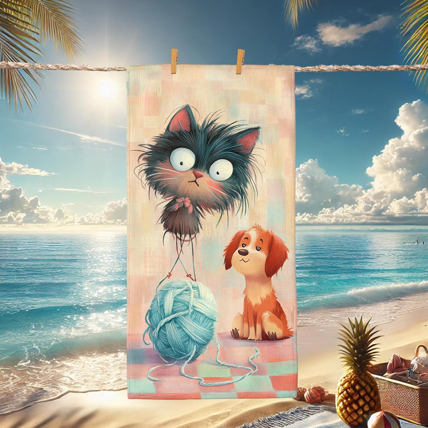 

Playful Cartoon Cat Dog Beach Towel, Black Blue Furry Creatures Oversized Quick Dry, Sand Free Lightweight Travel Pool Mat W30*H60(CM)