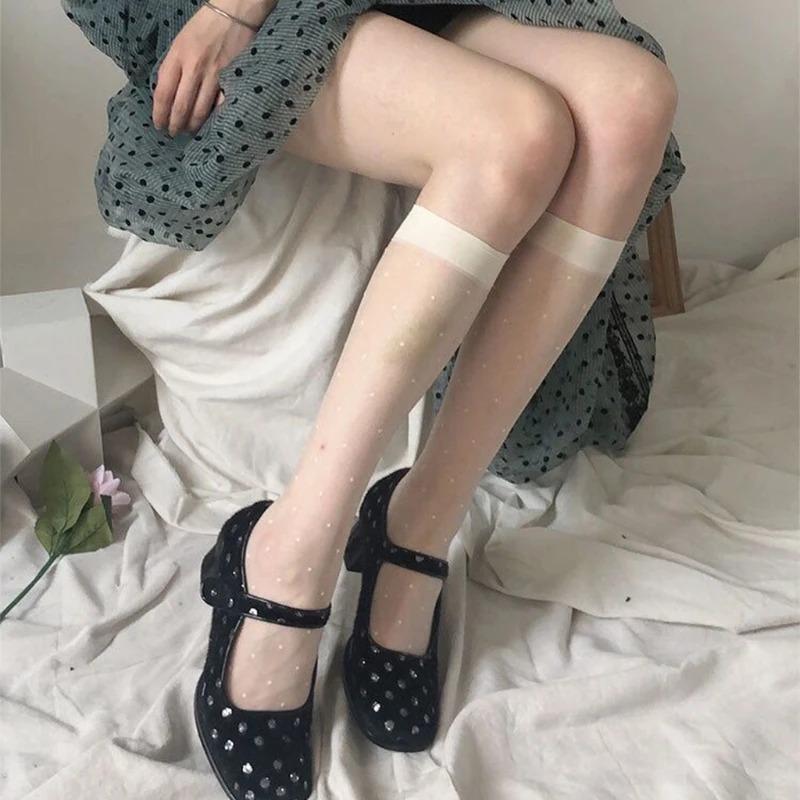 Women Summer Sexy Transparent Calf Socks Harajuku Vintage Polka Dot Print Jacquard See-Through Mesh Knee Drop Shipping