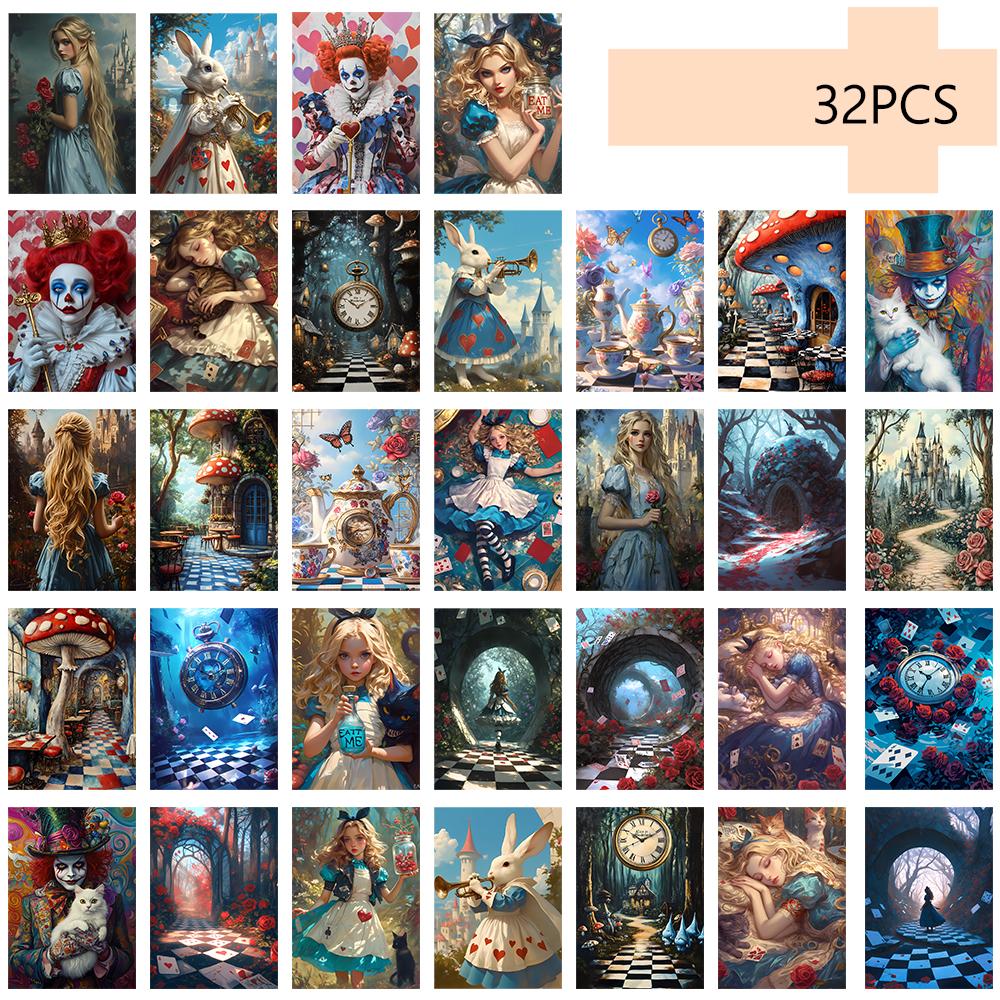 32pcs, Blue Alice in Wonderland Postcards, Joker, Birthday/Anniversary Gifts, Collectibles, Suitable for Gifting, Mailable.