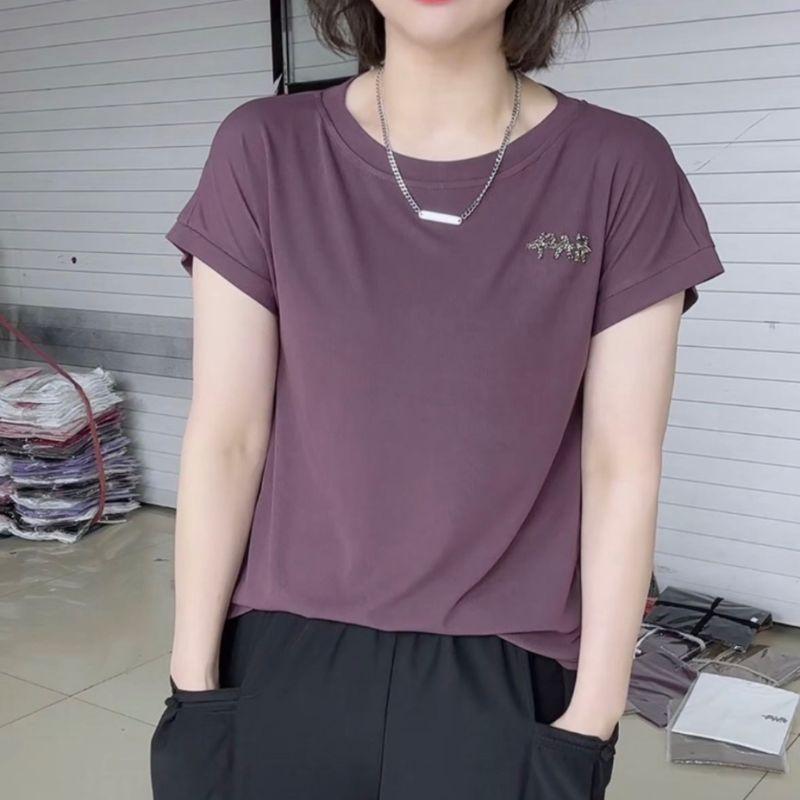 

Short Sleeve New Arrival Loose Pure Color Tops round Neck T-Shirt Grape purple 2XL [110-125]]