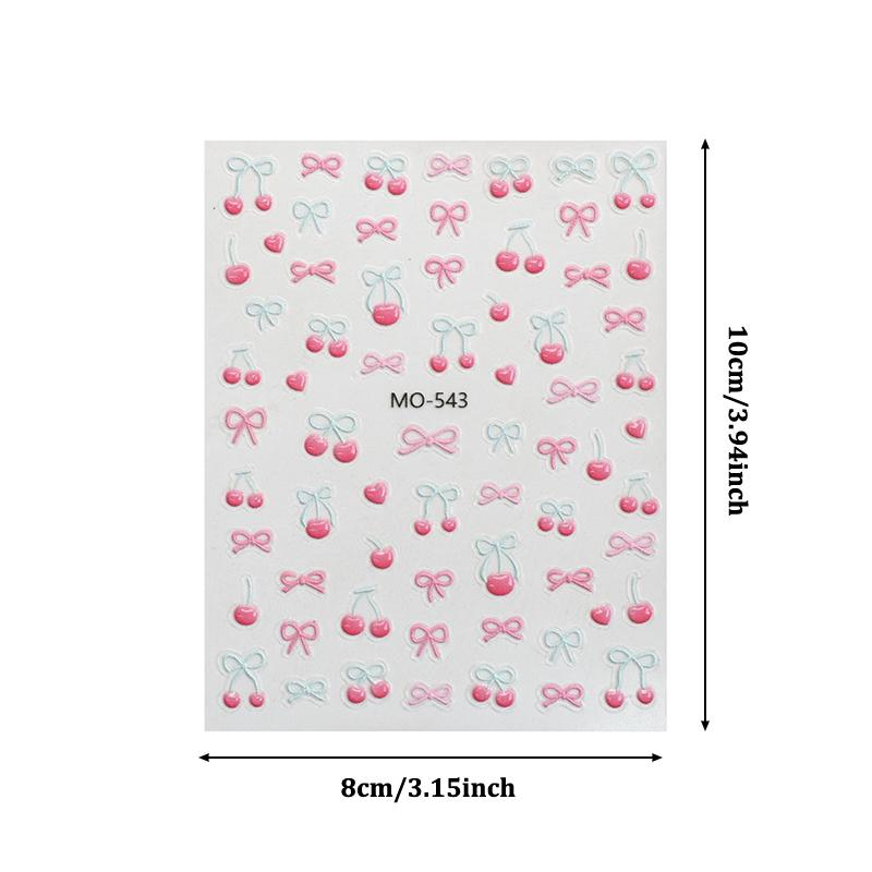 1 Sheet Kawaii Cherry Bow Nail Stickers 5D Cute Fruit Design Adhesive Decorative Stickers Nail Art Stickers