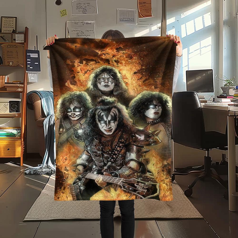 1Pc Rock Kiss Band Print Flannel Blanket, High Quality Comfortable for All Seasons, Home Decor, Warmth and Comfort, Perfect for Christmas Gifts