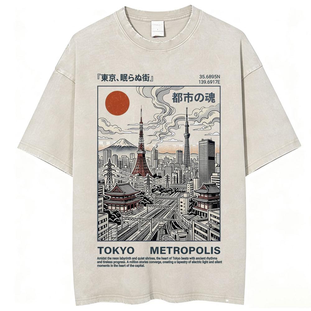 Vintage Japan Osaka Dotonbori Krabben Stadtbild Grafik T-Shirts Herren Gewaschen Mode Übergroßes Baumwoll-T-Shirt Unisex Streetwear