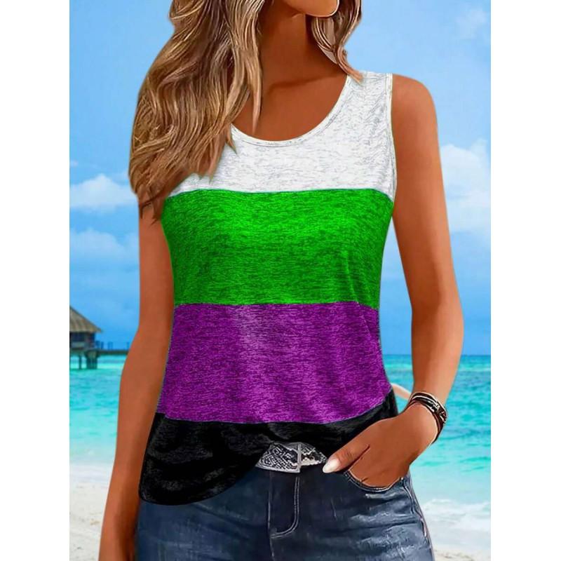Womens Loose Fit Colorblock Sleeveless Round Neck Tank Top Casual Printed Crop Layering