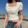 2024 Summer Sweet Lace Spliced White T-shirt Women Square Neck Short Sleeve Tshirts Woman Slim Fit Elegant Vintage Lady T Shirt 24279