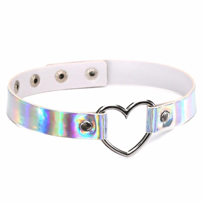 Collana in pelle poliuretanica per donna Choker olografico cuore metallo laser sciarpa gioielli moda