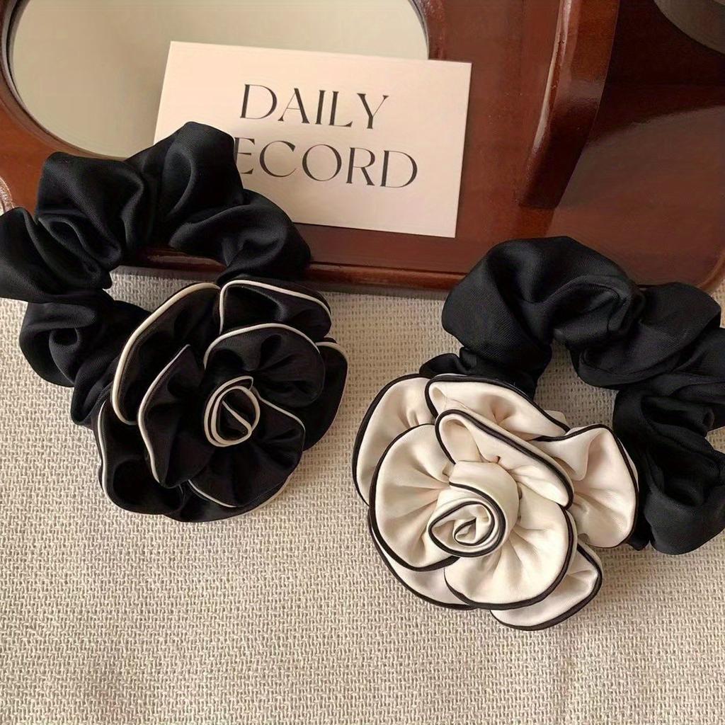 Elegant Camellia Hair Tie for Women High Elasticity Polyester Ponytail Holder Fashionable Versatile Black Fabric Scrunchie