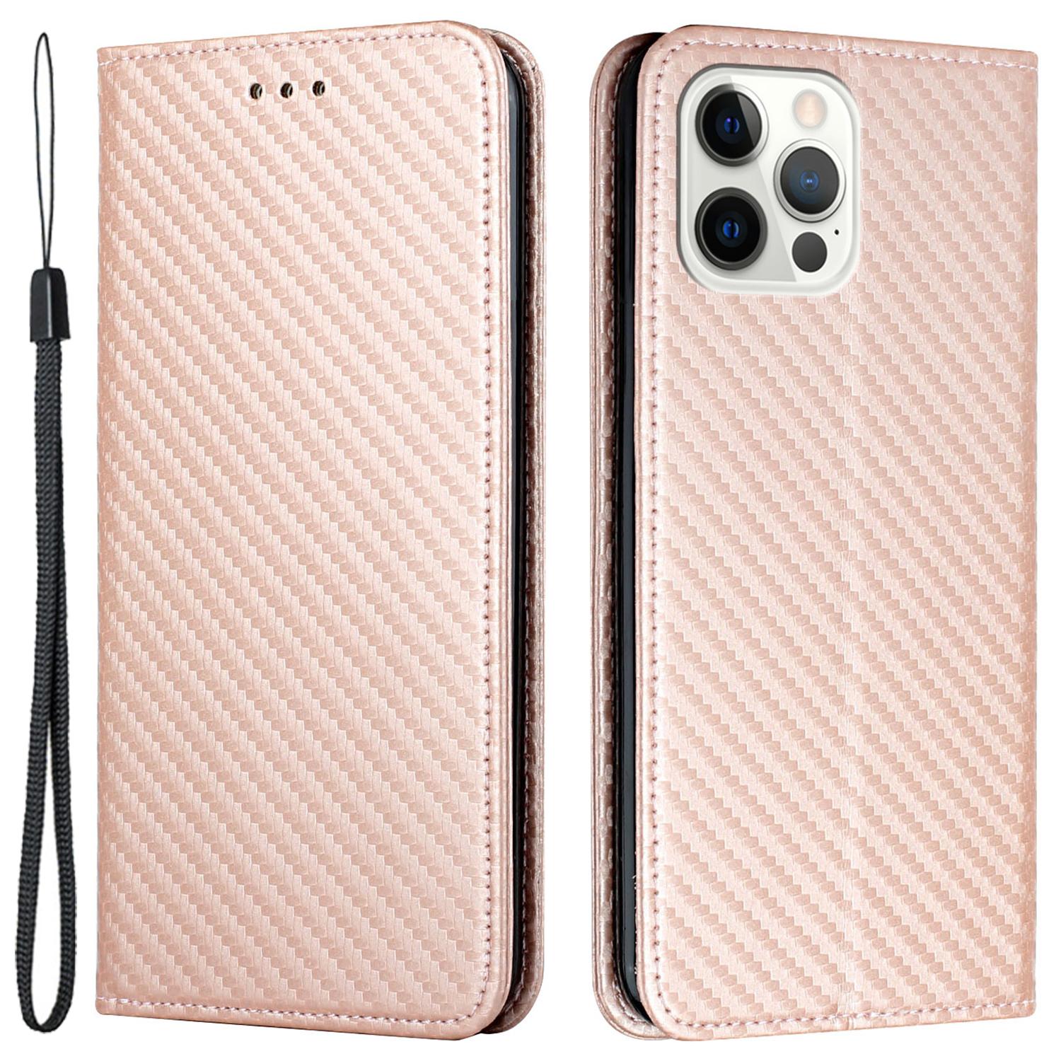 

For iPhone 15 Pro Carbon Fiber Texture PU Leather+TPU Wallet Case Stand Phone Cover Rose Gold