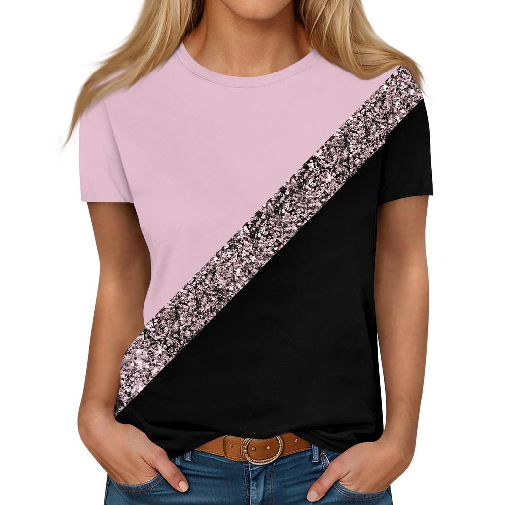 Women's Color Block Glitter Stripe Short Sleeve T-shirts Summer Round Neck 3D Print Top Fashionable Casual Tops