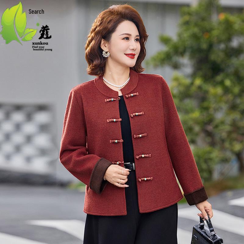 Stylish Chinese Retro Woolen Coat for Middle-Aged and Elderly Women (40-60) - Spring/Autumn National Style