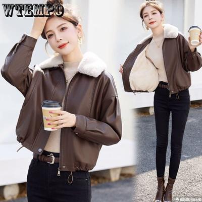 Leather Jacket for Women In Autumn and Winter Thickened with Fleece Loose Casual Fashionable and Versatile Warm Cotton-padded Jacket with A Fur Collar