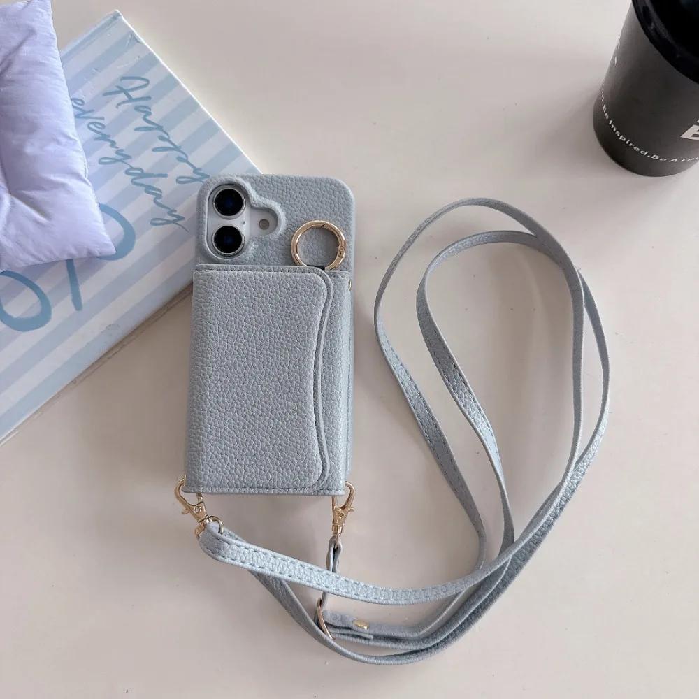 Wallet Card Holder Slot Phone Case for IPhone 16E 16 15 14 Pro 13 12 Mini 11ProMax Ring Crossbody PU Leather Anti-fall Cover