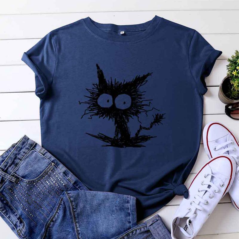 

Футболка с короткими рукавами и принтом кота. Летние повседневные топы из тонкого хлопка с короткими рукавами. Свободные удобные женские футболки с короткими рукавами. S темно-синий
