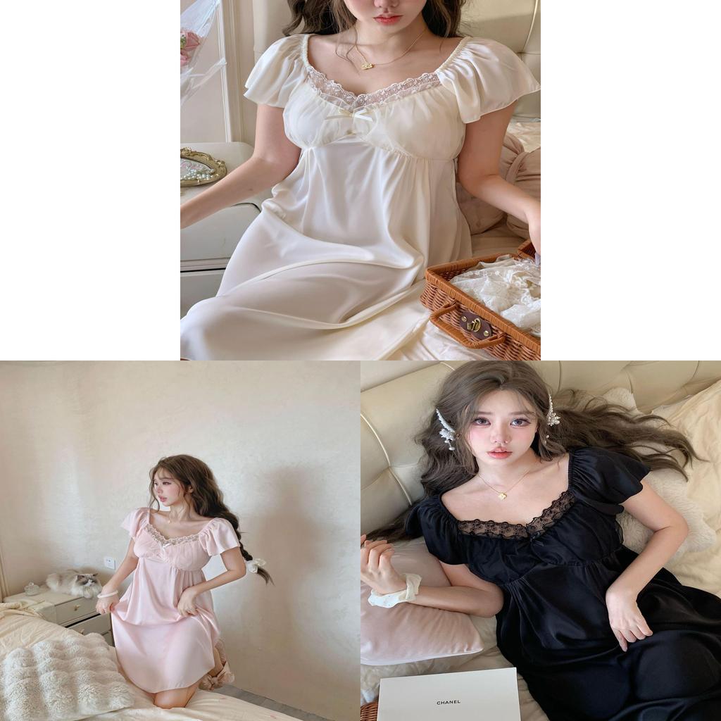 Palace Style Mesh Nightdress For Women With Builtin Bra Summer Short Sleeve Home Wear