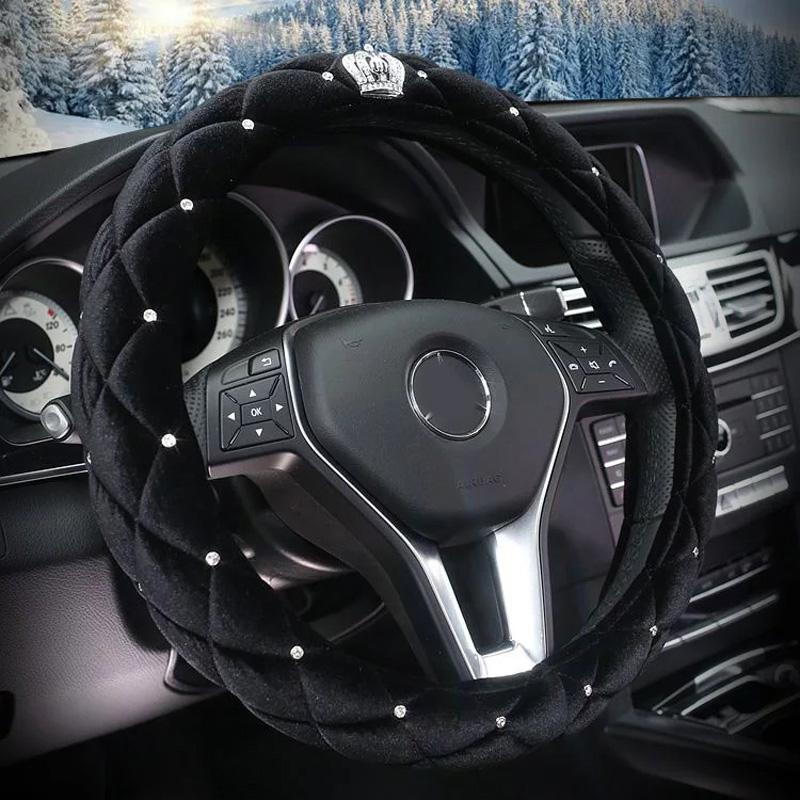 Winter Car Steering Wheel Cover Diamond Crystal Crown Plush Fur Steering-Wheel Cases Auto Interior Accessories For Women Girls
