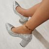 Large Size Wedding Shoes Women's Silver Crystal Sequins Pointed High Heels Girl Thick Heel Banquet Bridesmaid Single Shoes Women