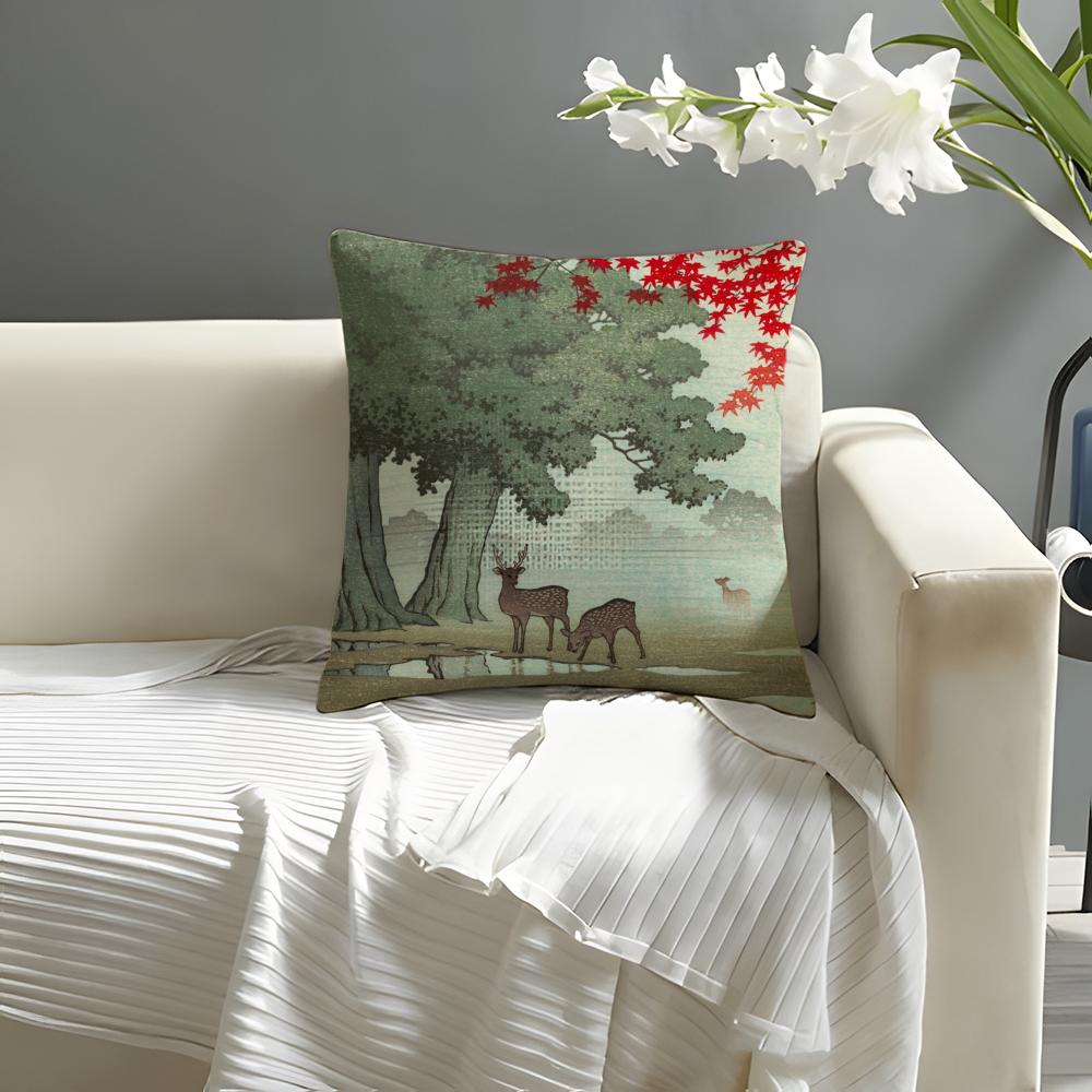 Landscape Kawase Hasui Pillow Case Natural Linen Organic Fabric Double-Sided Printing Sofa Home Decor Cushion Cover