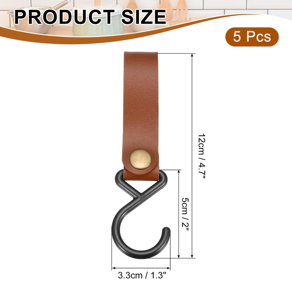 5pcs PU Leather Hooks, Leather Straps with Hooks, S-Shape Hooks for Outdoor Camping Kitchen Bathroom Hanging Pots Pans Utensils