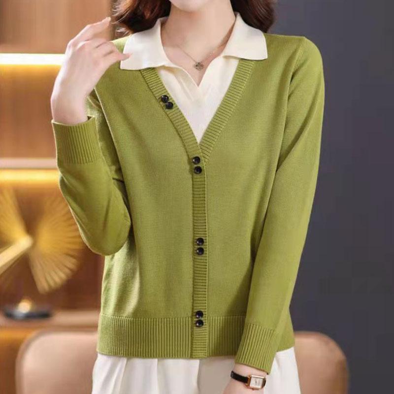 Pulover european 2023 de primăvară pentru femei Design Sense cu mânecă lungă, buton de îmbinare, pulover fals din două piese, pulover tricotat pentru femeie