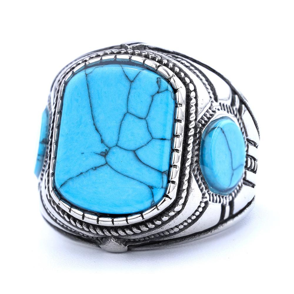 Nordic Style Titanium Steel Ring with Blue Turquoise Stone Vintage Three Sided Design for Men