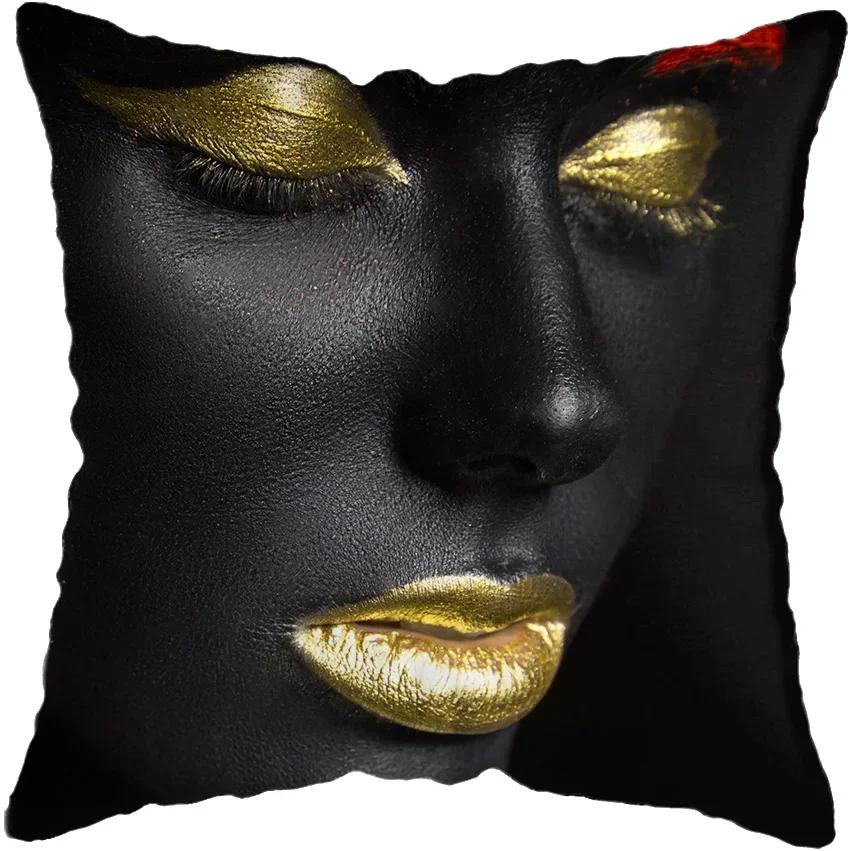 Modern Living Room Black Gold African Lady Woman Style Look Art Deco Sofa Pillowcase Cushion Cover