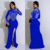 Women's European & American Fashion Slit Long Dress with Mesh and Hot Drilling Design