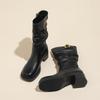 Autumn/Winter Western Retro Women's Pleated Mid-Calf Boots with Thick Heels In Popular Style.