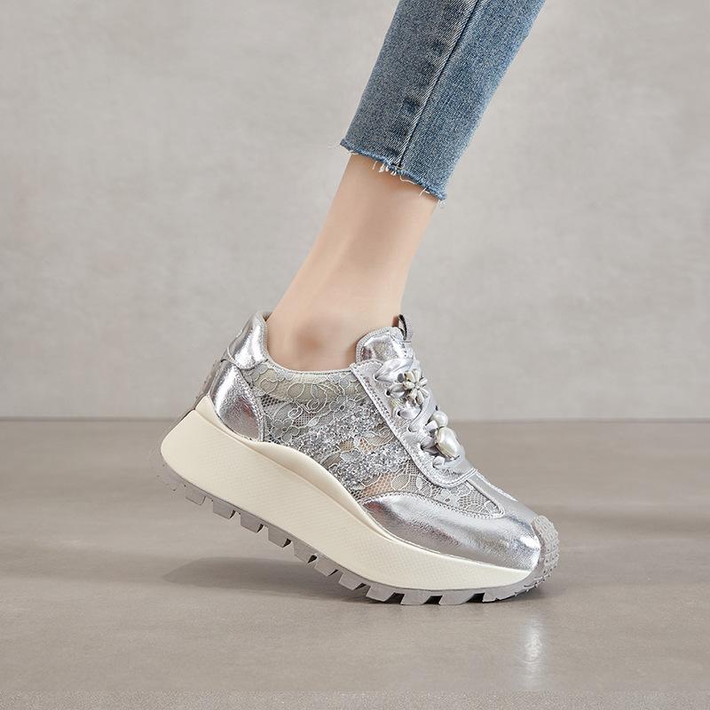 Platform Forrest Gump Shoes Women's 2025 New Leather Lace Through the Net Casual Shoes Versatile Height Increasing Sequins Sneakers