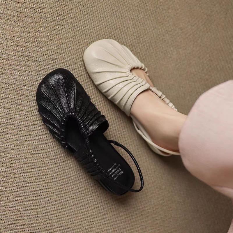 Fashion Autumn New Baotou Sandals Women's Fashion Round Toe Shallow Mouth Pleated Cover Foot Soft Sole Non-slip Flat Shoes