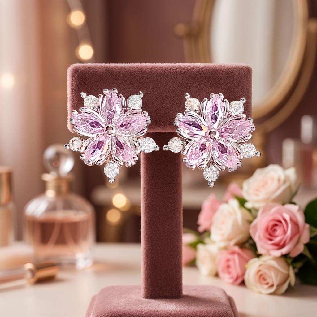 Luxury Trendy Pink Flower Stud Earrings Sparkling Zircon Sakura Cherry Blossom Rhodium Plated Jewelry Women Party Gifts Simple