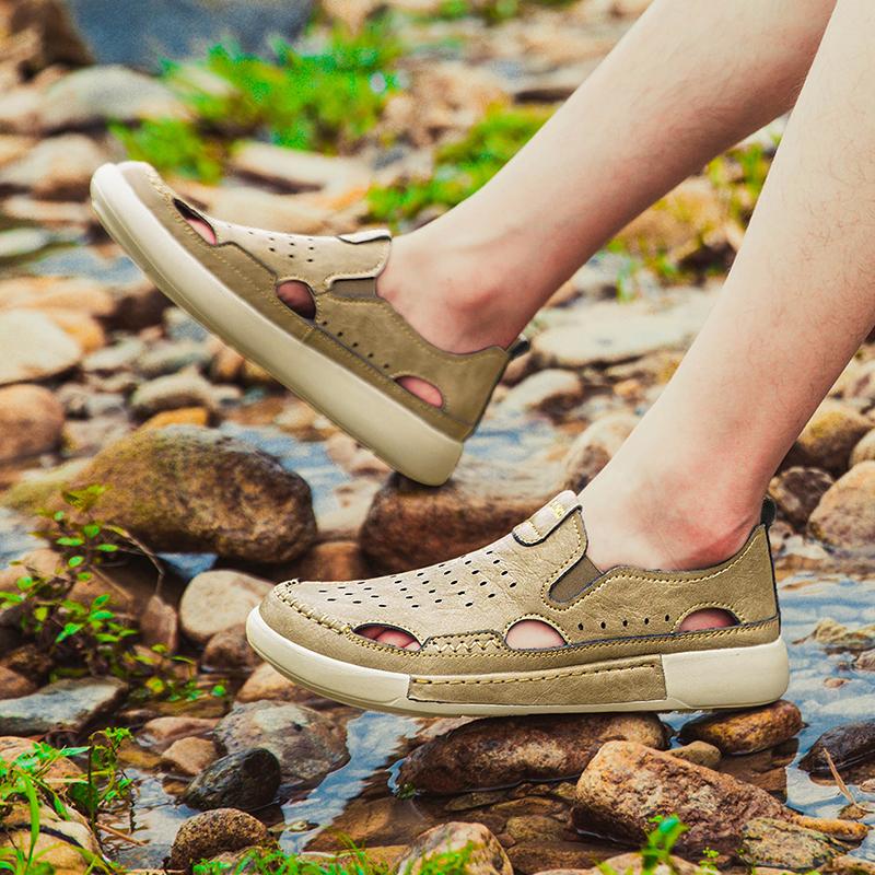 Sandale Casual din Piele pentru Bărbați, Durabile, Cusături Manuale, Pantofi cu Vârf Închis, Antiderapanți, Pentru Interior, Exterior, Plajă