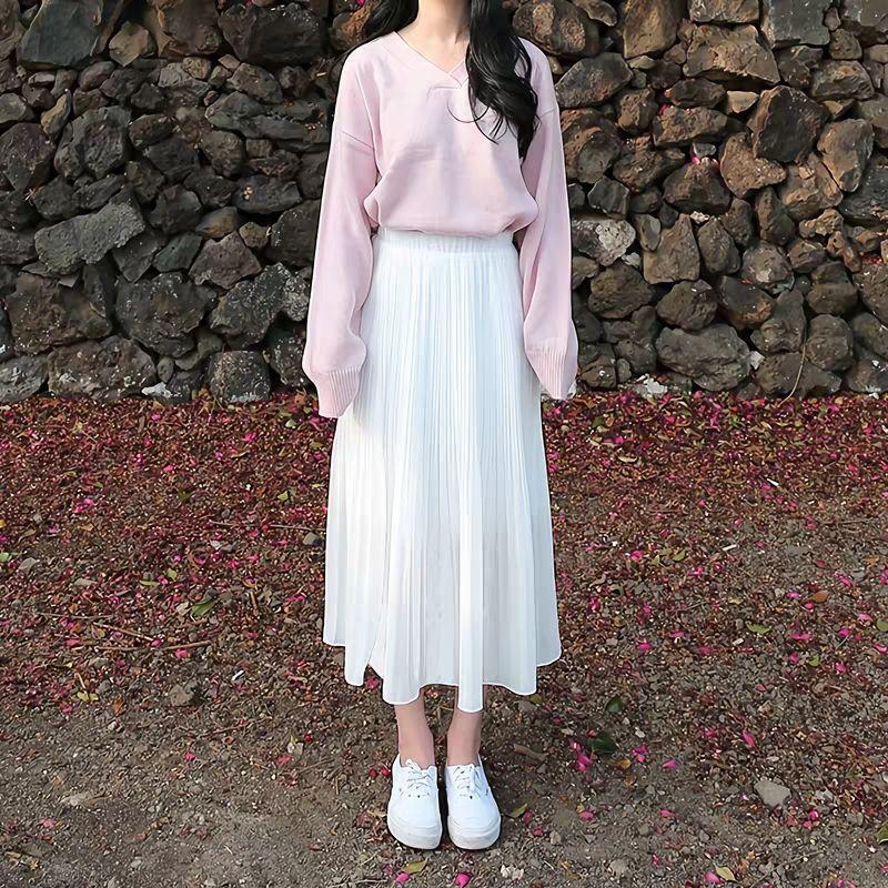 Pleated Chiffon Midi Skirt for Women Mid To Long Spring/summer A-line Slimming Skirt