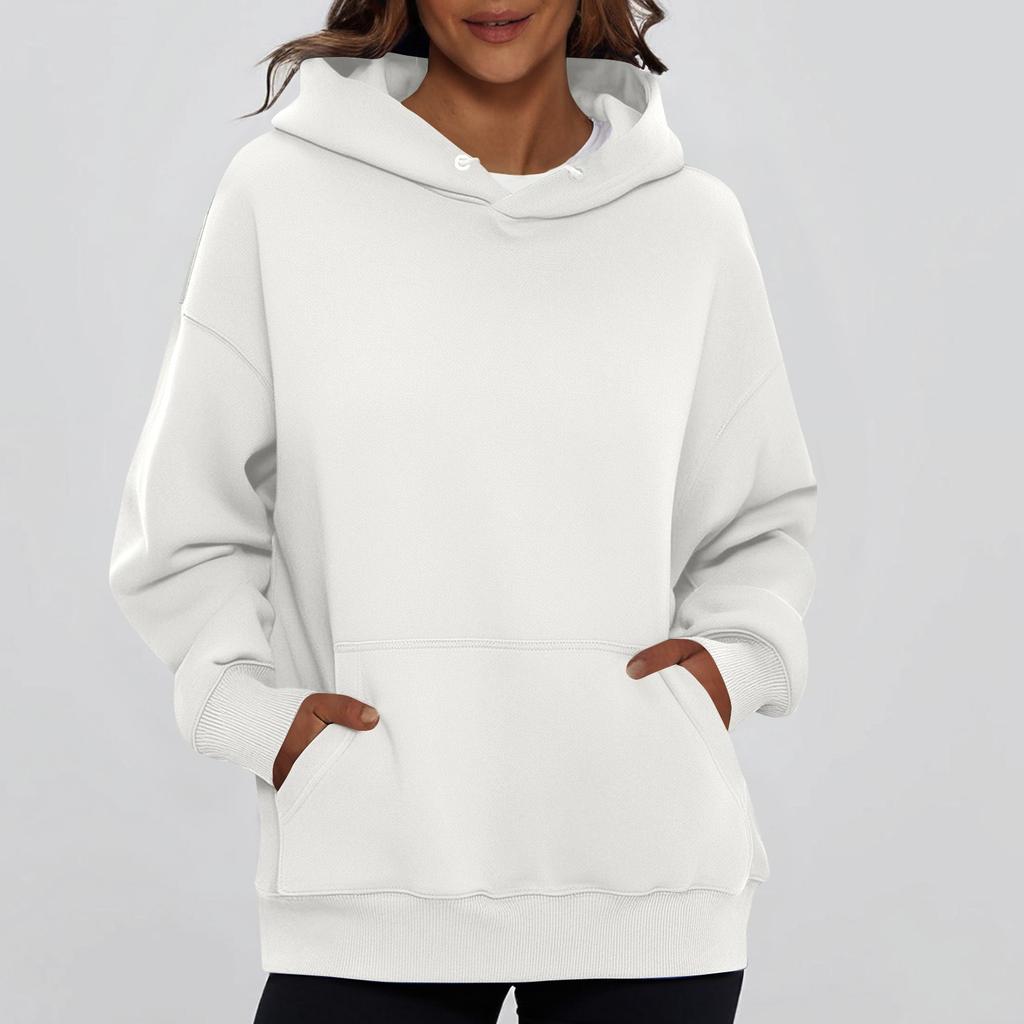 Ladies' Fashionable Solid Color Casual Hooded Pocket Long Sleeved Top