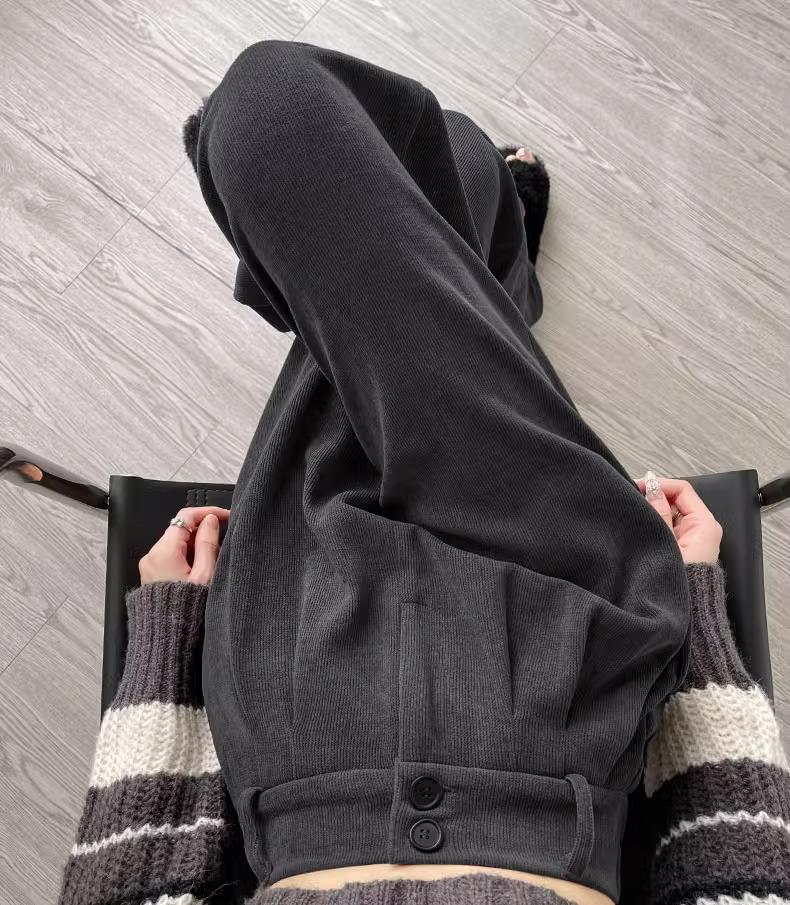 Women's Petite Dark Gray Corduroy Wide-Leg Suit Pants with Fleece Lining for Autumn/Winter