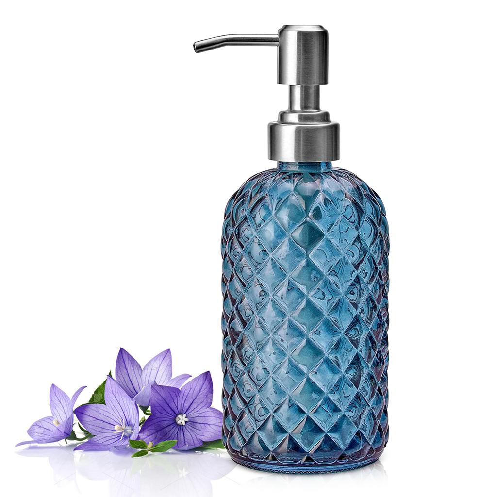 1pc 16oz Blue Soap Dispenser Bathroom, Glass Soap Dispenser with Pump, Gem Patterned Glass Soap Dispenser for Hand Soap