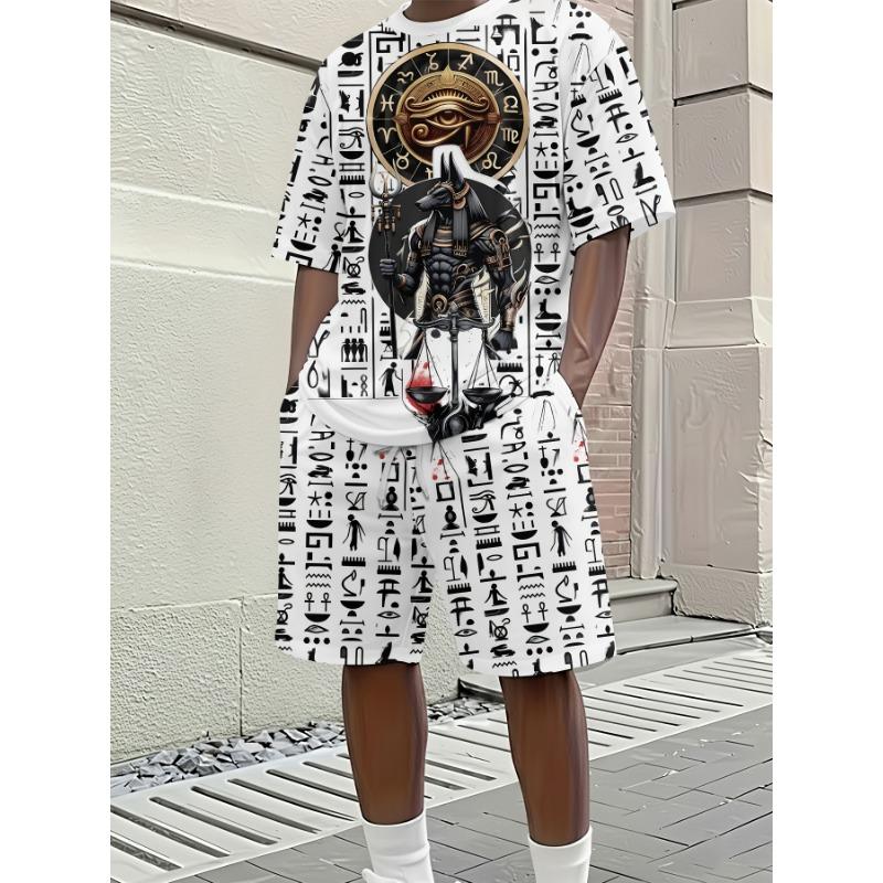 Men s Spring and Summer Casual Short-sleeved Suits, Ancient Egyptian Anubis Hieroglyphic Printed Short-sleeved Suits S