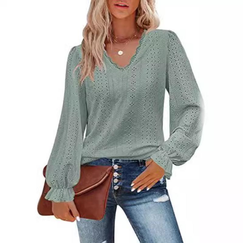 Women's Lace V Neck Puff Long Sleeve Eyelet Tops Dressy Business Casual Work Shirts Blouses Crochet Hollow Out Blouse Lace Pullover Top S-XXL