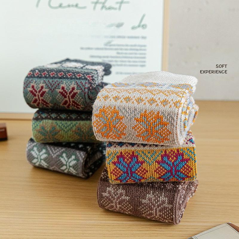 1 Pair Men Socks Cotton Autumn and Winter Thicken Warm Retro Ethnic Style Double-needle Medium Tube Socks