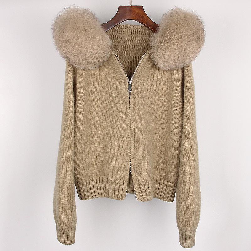 Women Cardigan Natural Fur Coat Real Mongolian Fur Knitwear Spring Autumn Hooded Knitted Fur Jacket