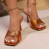 Fashion Luxury Gold Silver High Heels Sandals Women 2025 Slip on Square Toe Summer Slippers Woman Plus Size 43 Thin Heeled Party Shoes